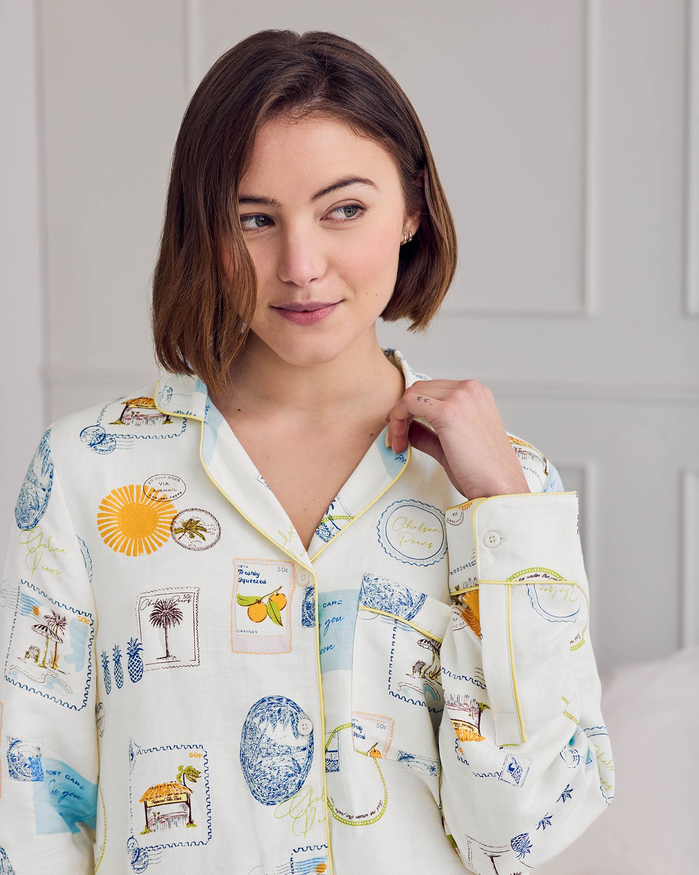 Linen Blend Scenic Stamps Print Nightshirt