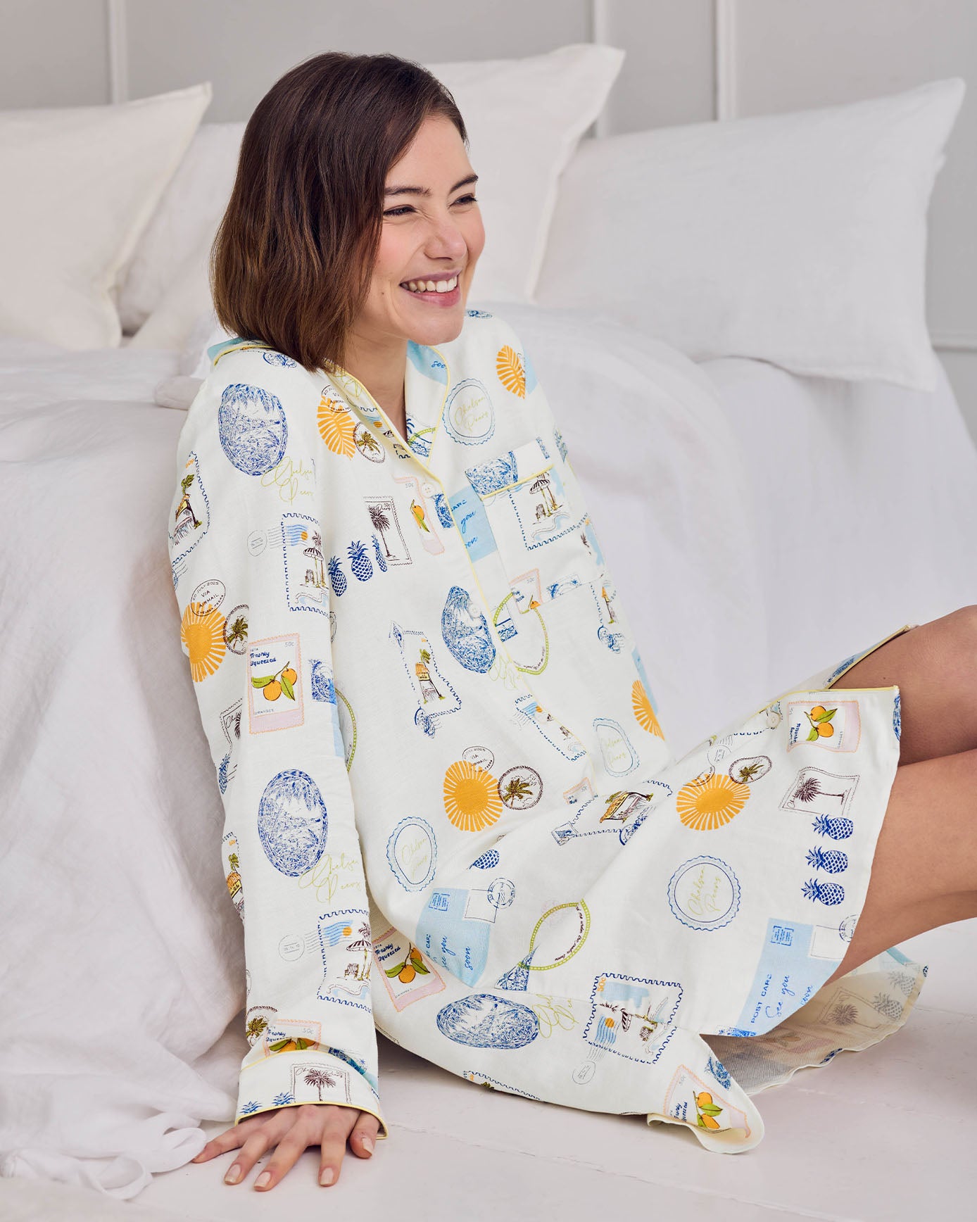 Linen Blend Scenic Stamps Print Nightshirt