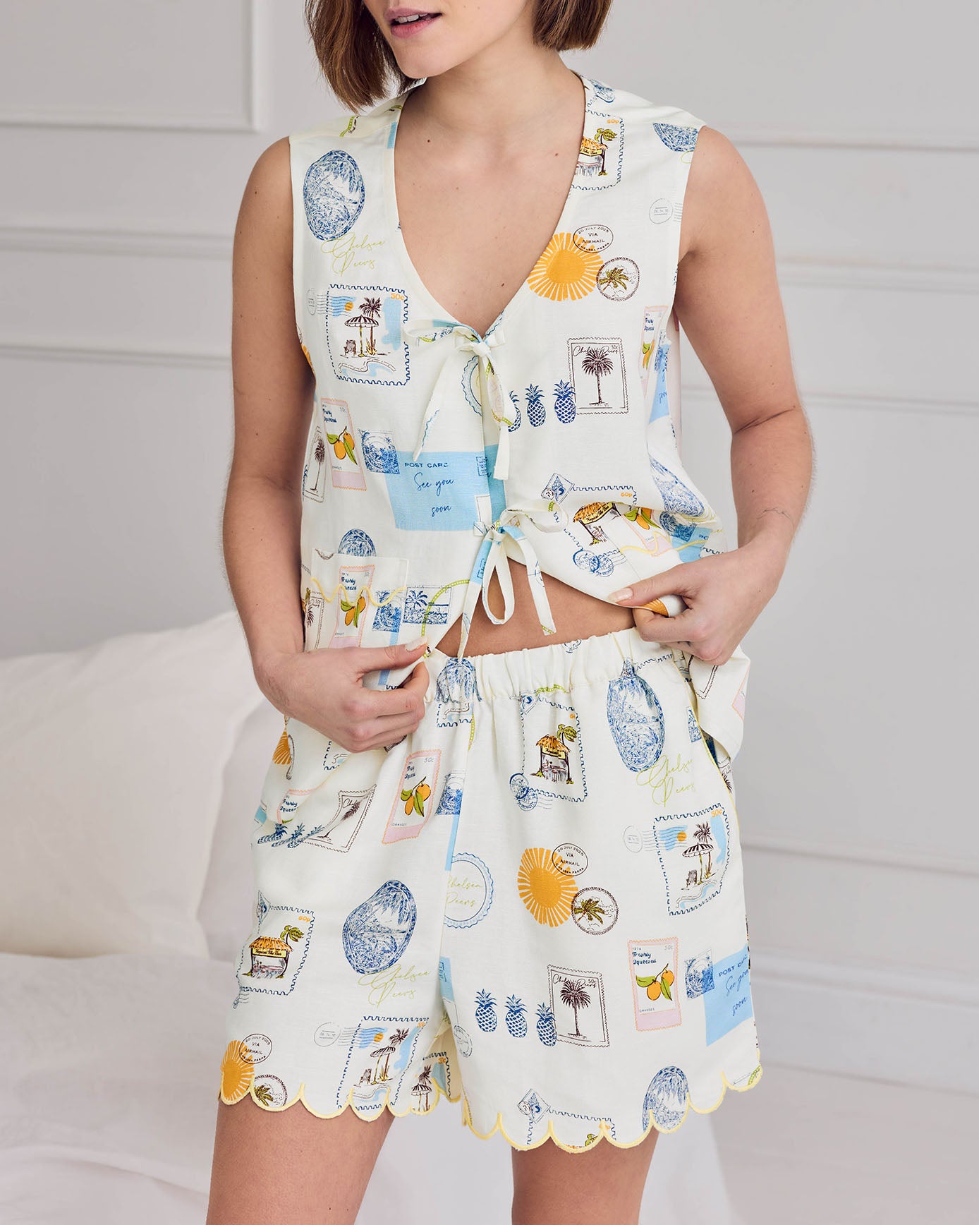 Linen Blend Scallop Edge Tie-Front Scenic Stamps Print Short Pyjama Set