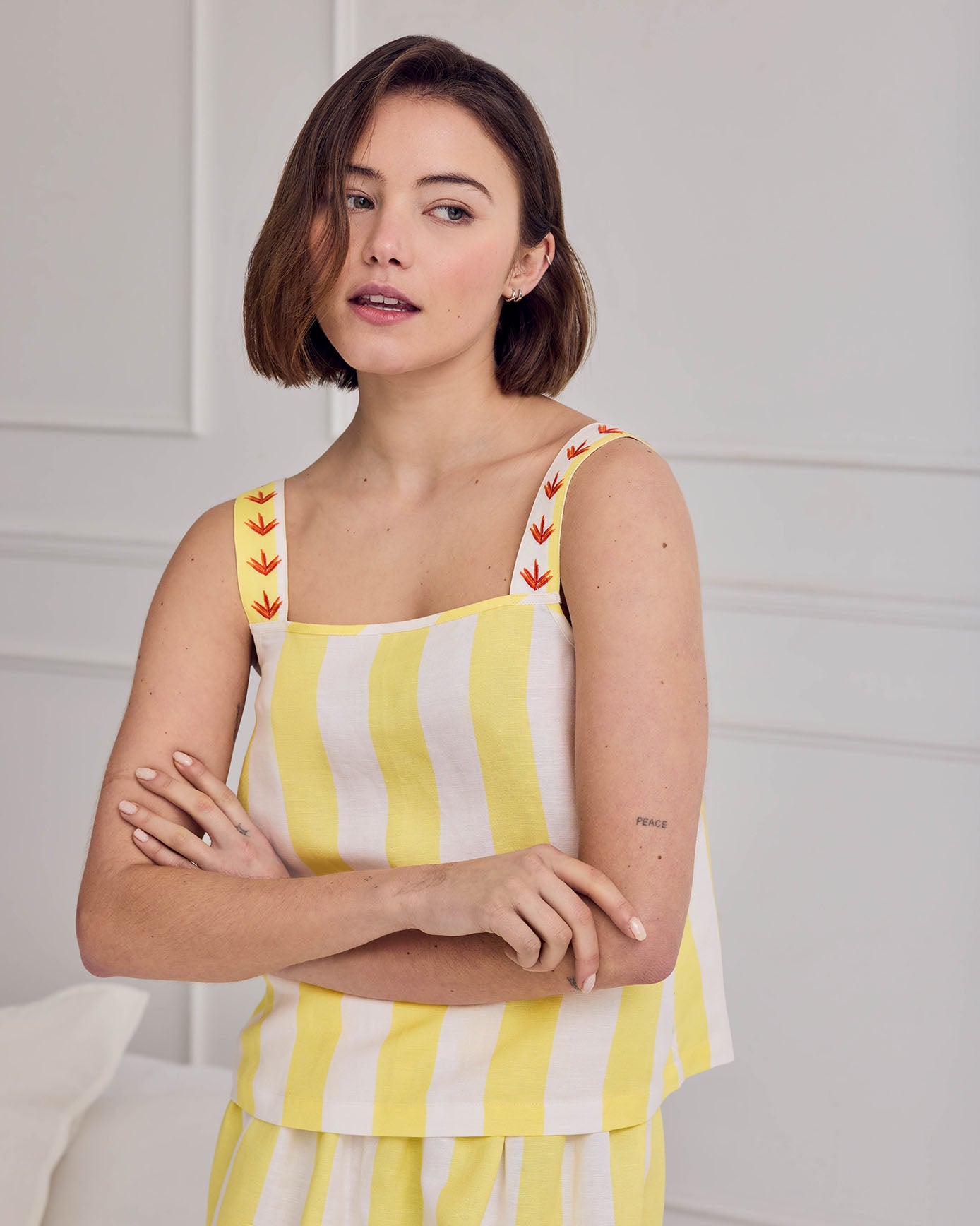 Linen Blend Embroidered Back Stripe Cami Short Pyjama Set