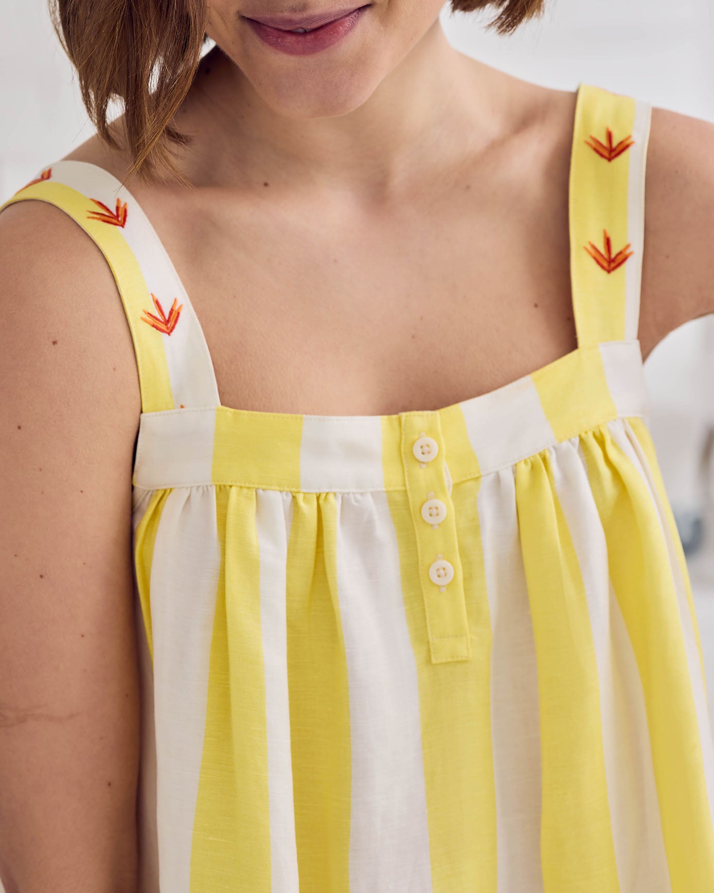 Linen Blend Embroidered Stripe Cami Nightshirt