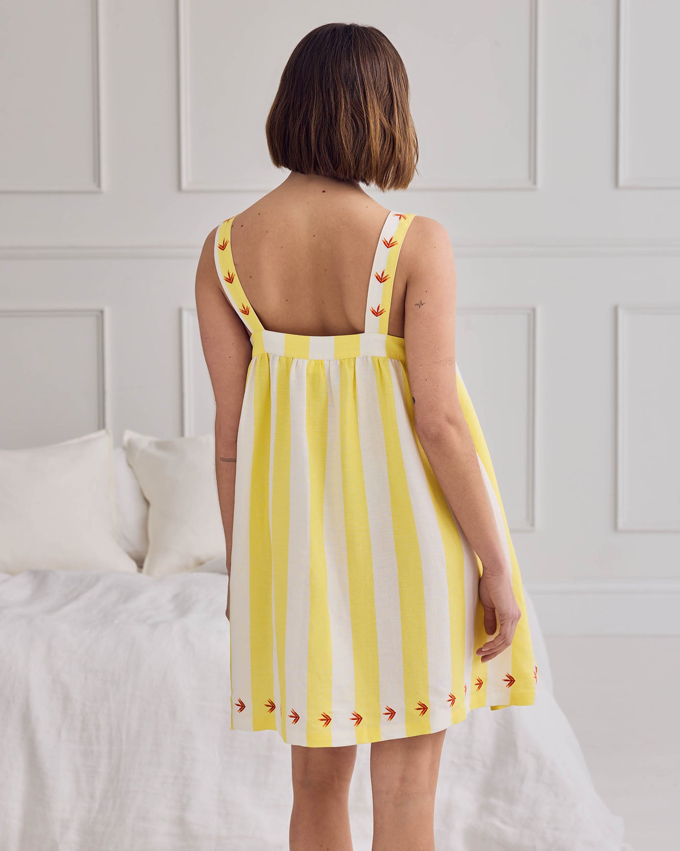 Linen Blend Embroidered Stripe Cami Nightshirt