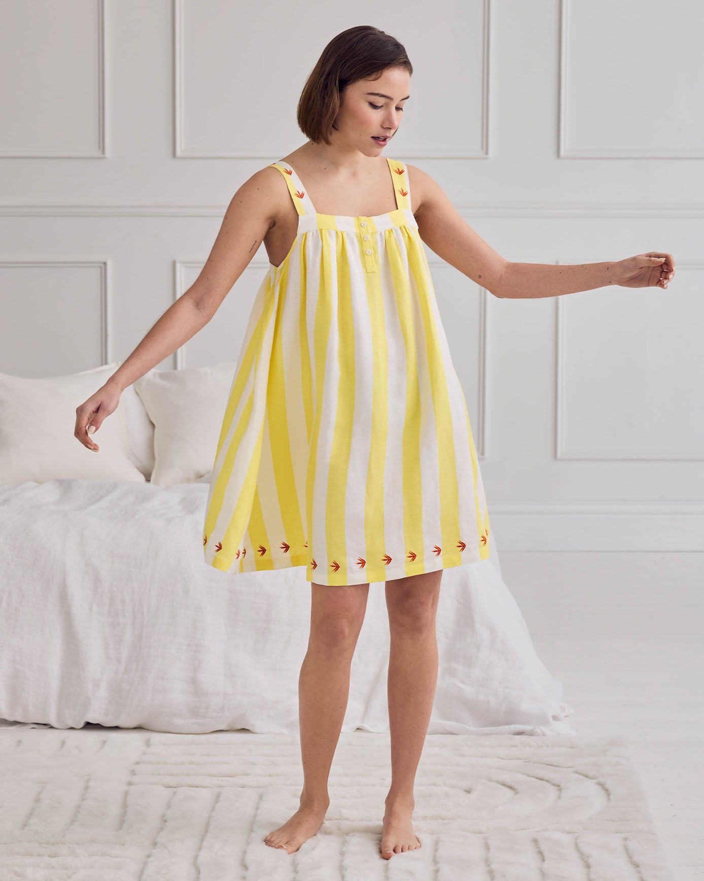 Linen Blend Embroidered Stripe Cami Nightshirt