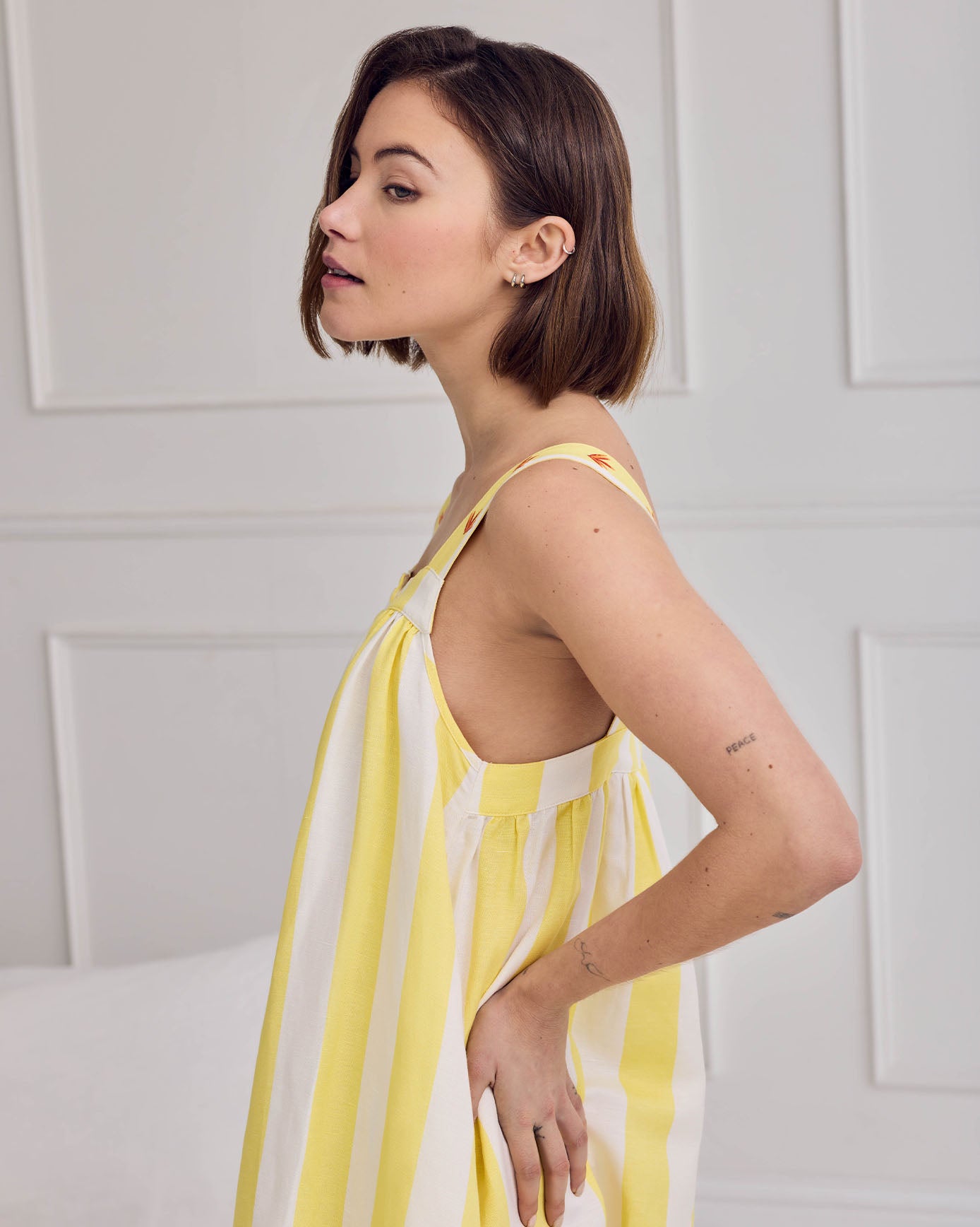 Linen Blend Embroidered Stripe Cami Nightshirt