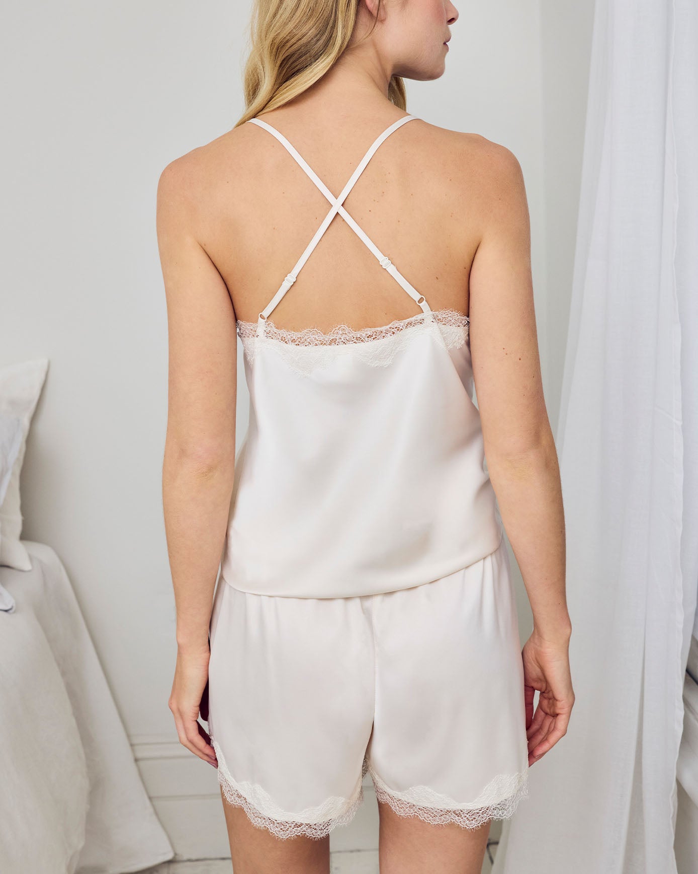 Satin Tulip Hem Lace Trim Cami Short Pyjama Set - Cream