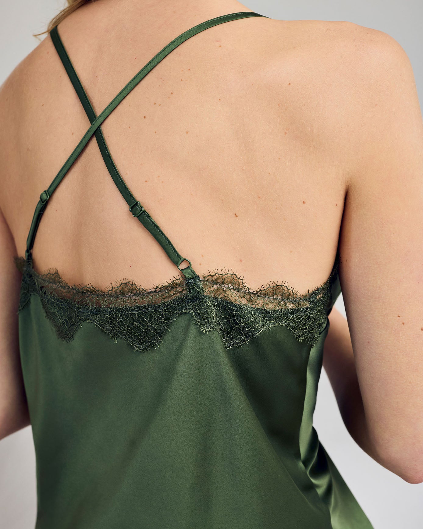 Satin Tulip Hem Lace Trim Cami Short Pyjama Set - Khaki