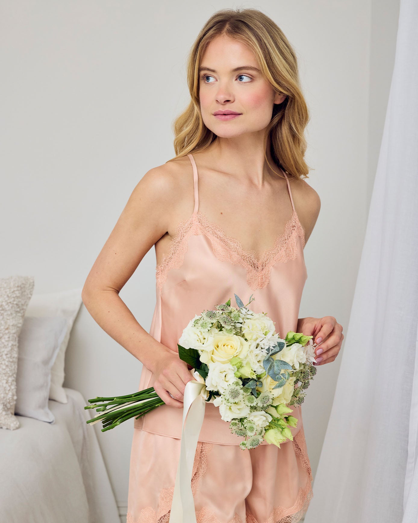 Satin  Tulip Hem Lace Trim Cami Short Pyjama Set - Soft Rose