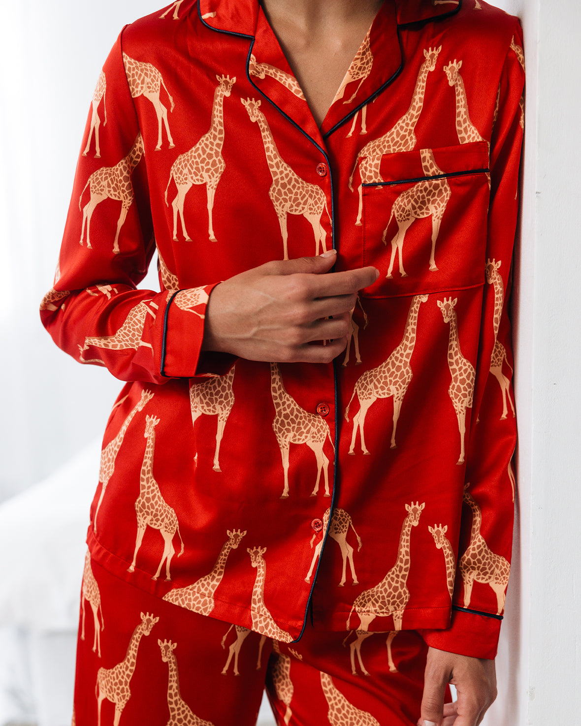 Satin Giraffe Print Long Pyjama Set - Red