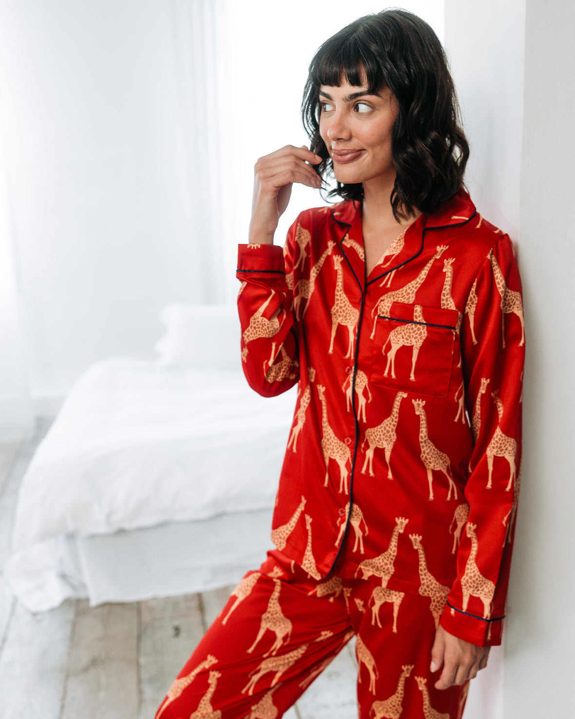 Satin Giraffe Print Long Pyjama Set - Red