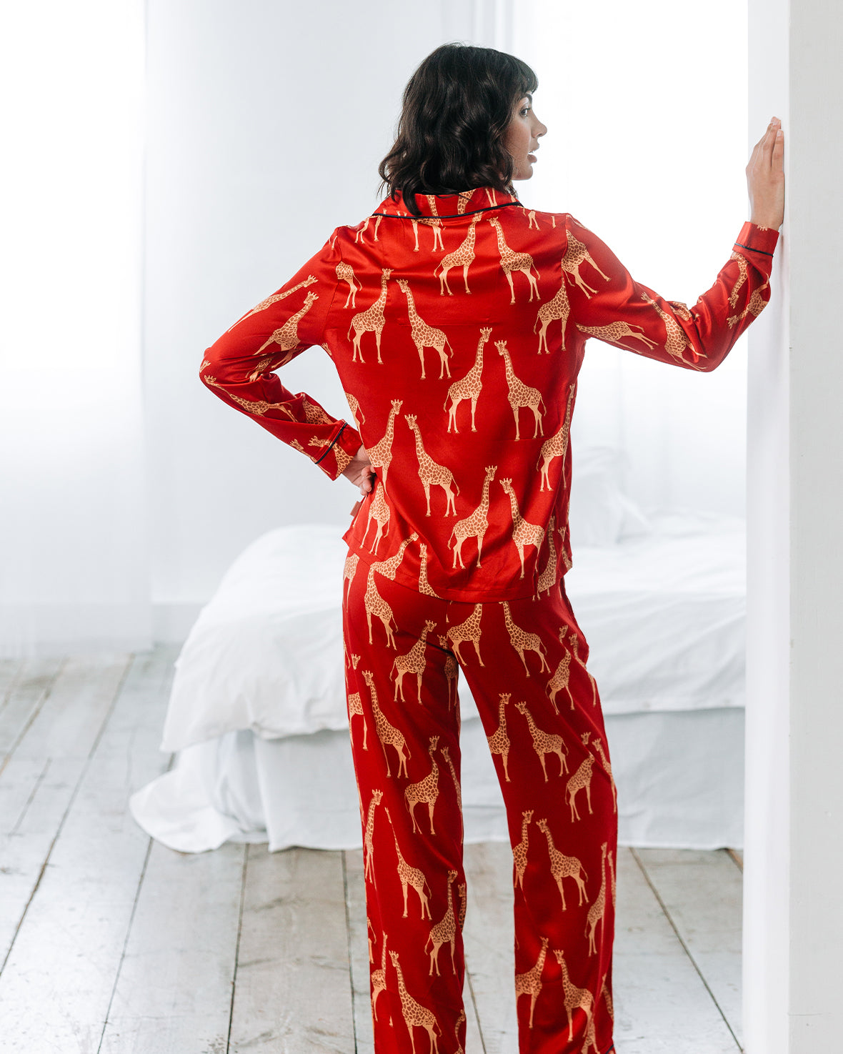 Satin Giraffe Print Long Pyjama Set - Red