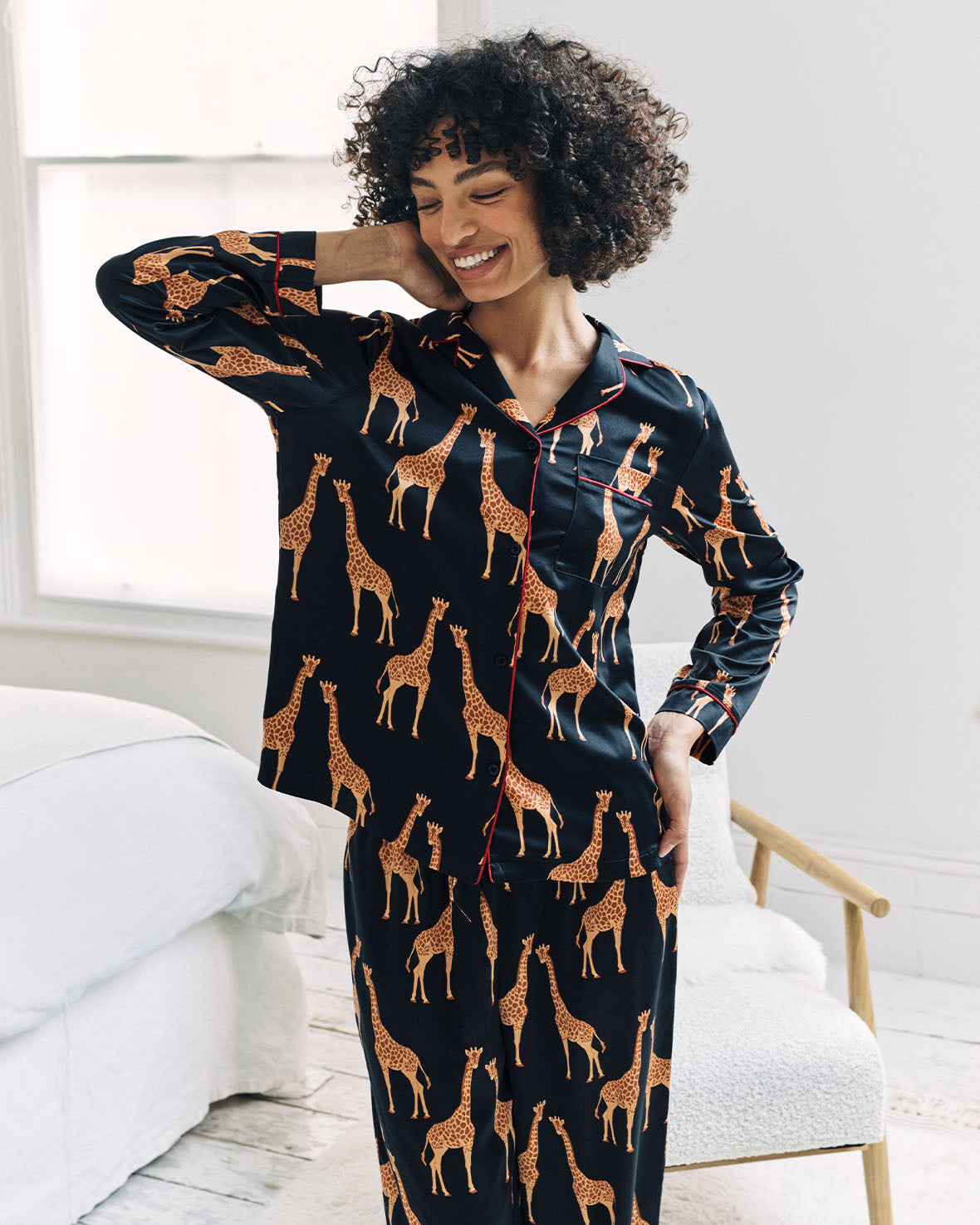 Satin Giraffe Print Long Pyjama Set - Navy