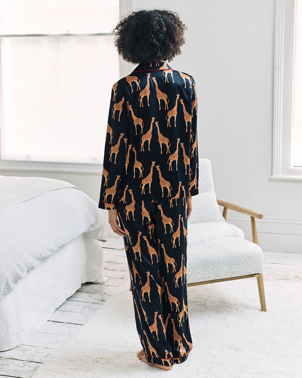 Satin Giraffe Print Long Pyjama Set - Navy