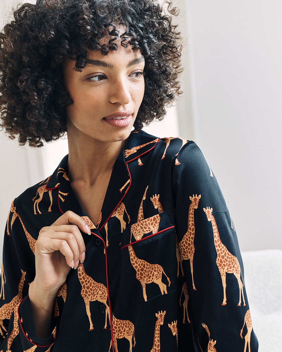 Satin Giraffe Print Long Pyjama Set - Navy