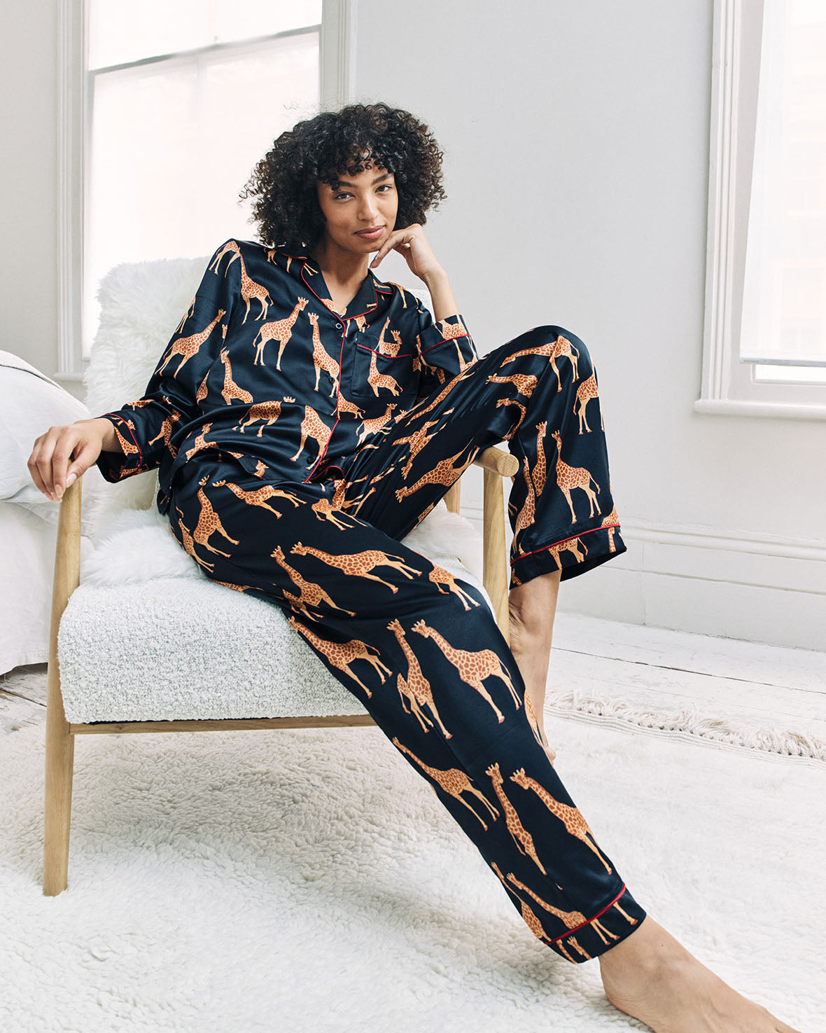 Satin Giraffe Print Long Pyjama Set - Navy