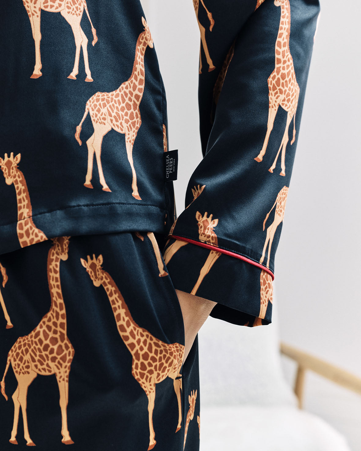 Satin Giraffe Print Long Pyjama Set - Navy