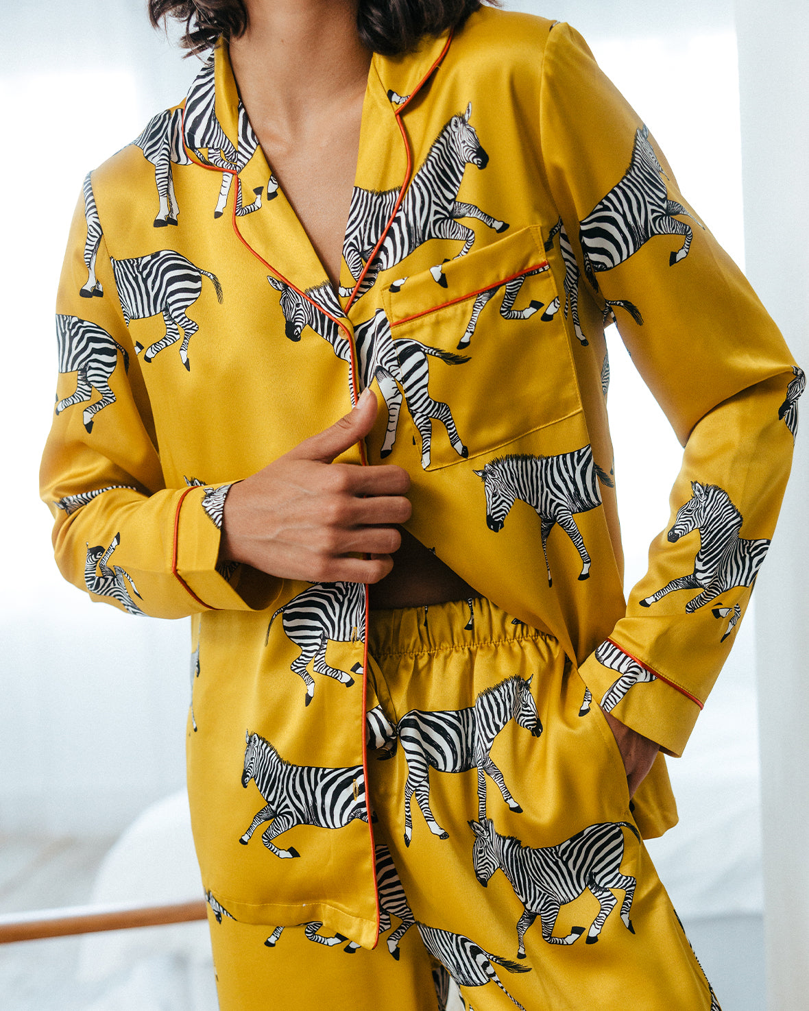 Satin Zebra Print Long Pyjama Set - Mustard