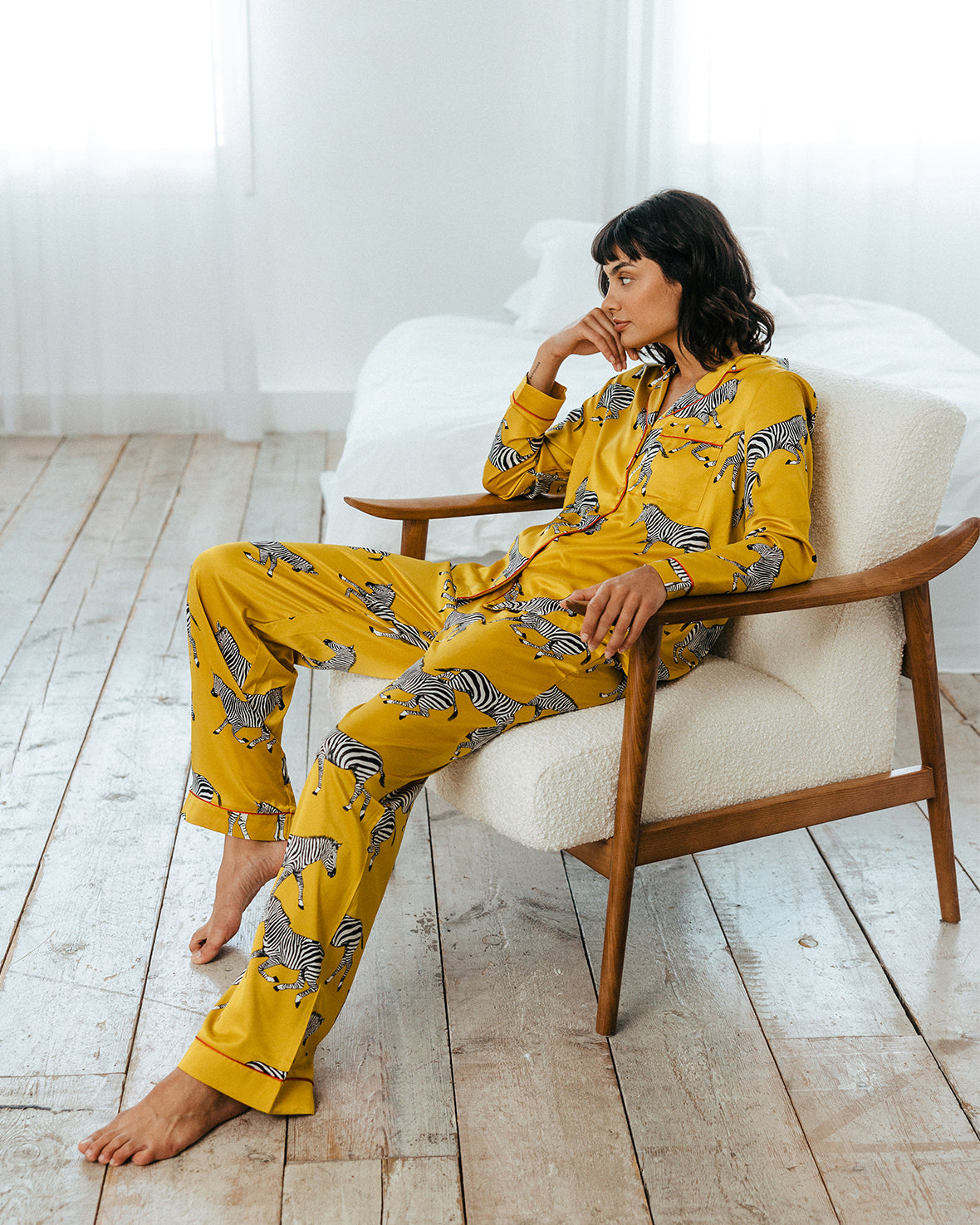 Satin Zebra Print Long Pyjama Set - Mustard