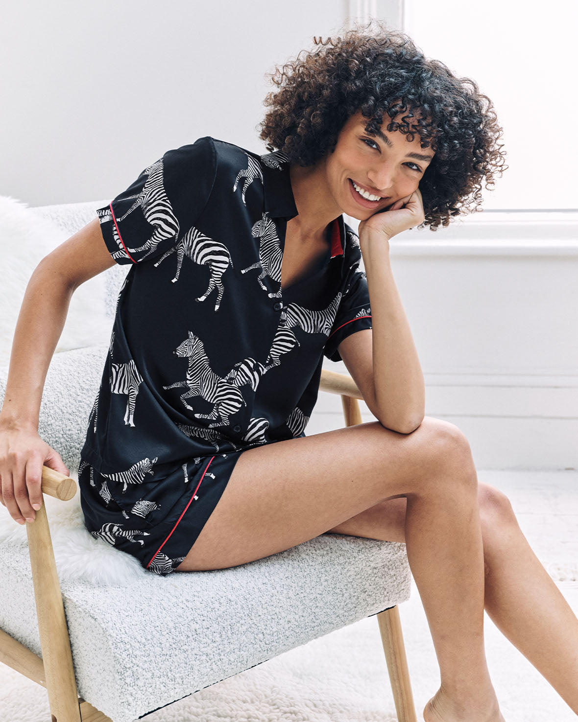 Satin Zebra Print Short Pyjama Set - Navy