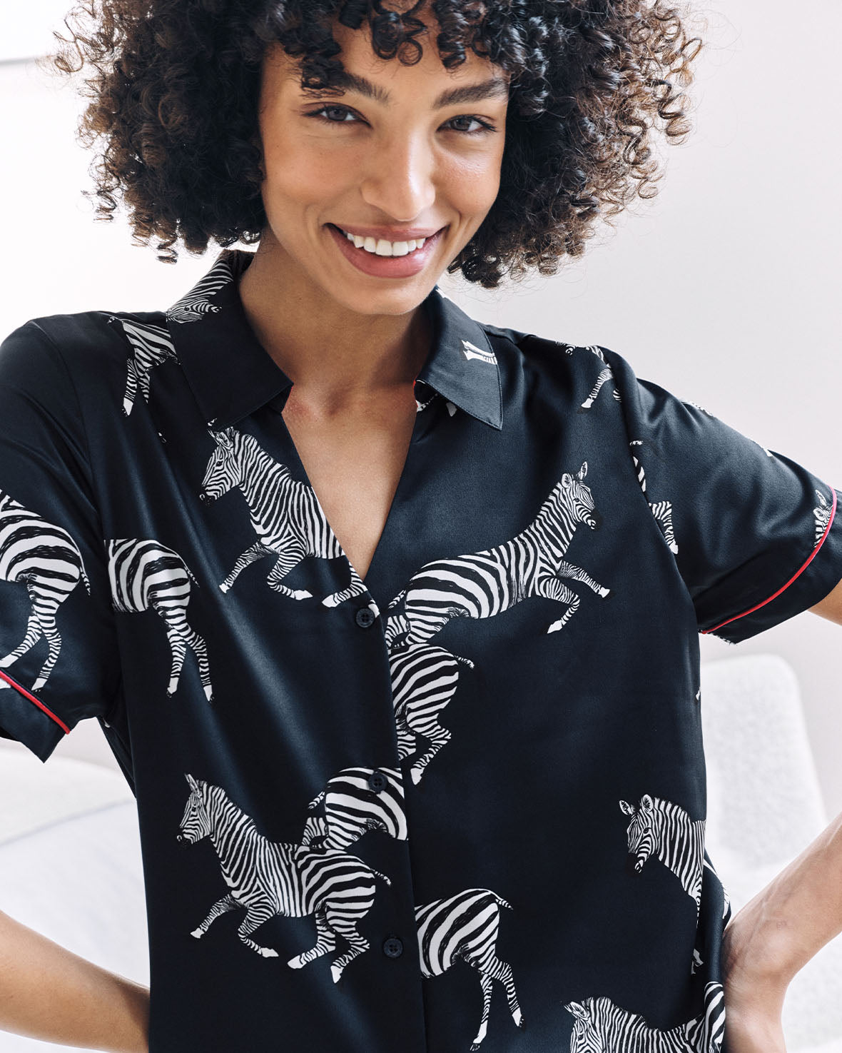 Satin Zebra Print Short Pyjama Set - Navy