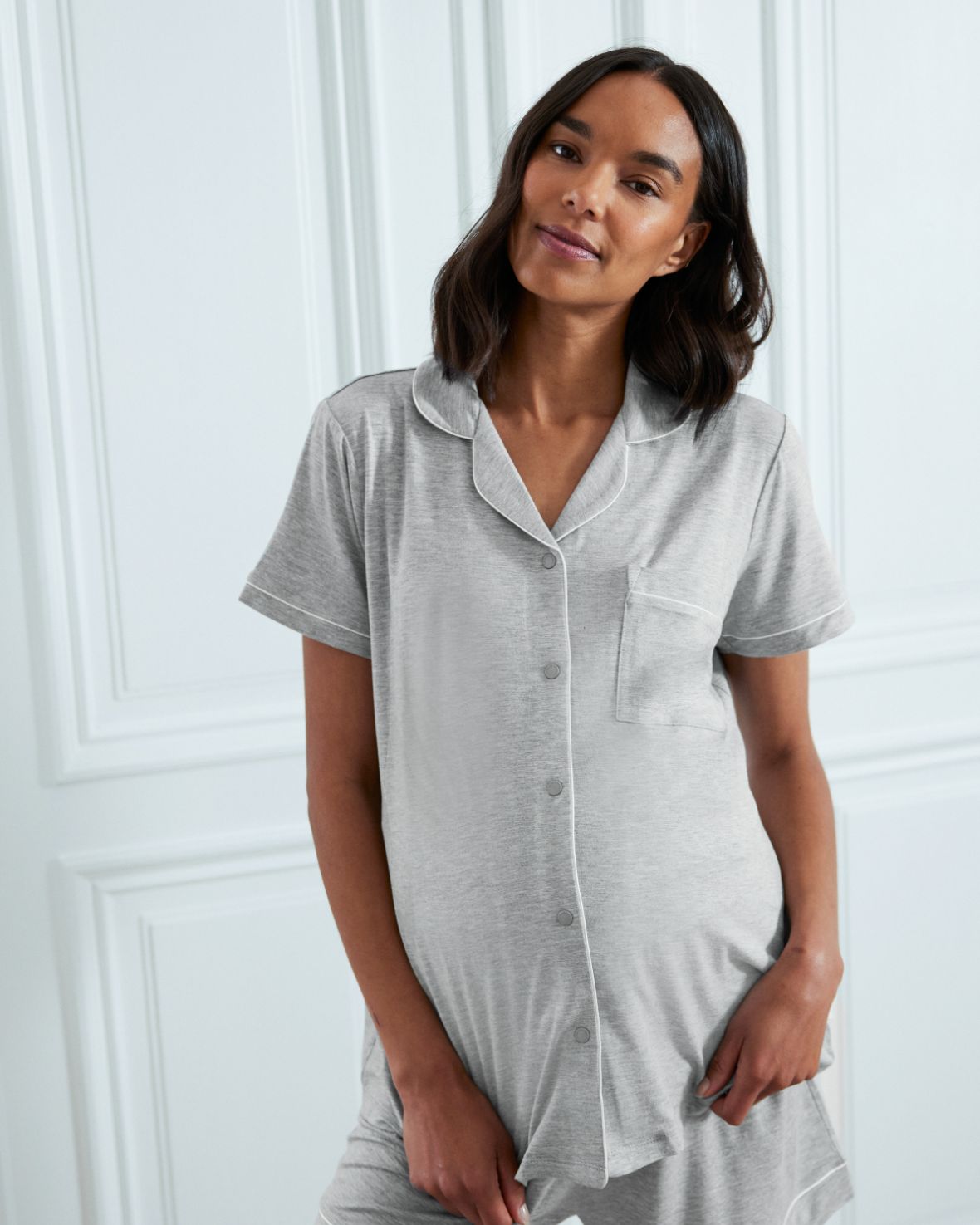 Maternity TENCEL™ Modal Short Button Up Pyjama Set - Grey