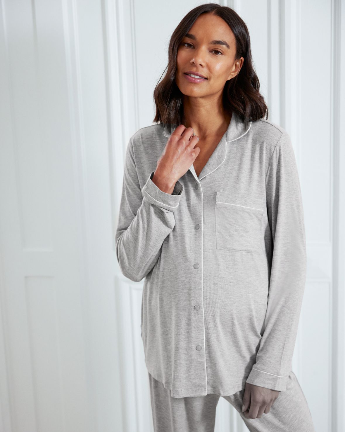 Maternity TENCEL™ Modal Long Button Up Pyjama Set - Grey