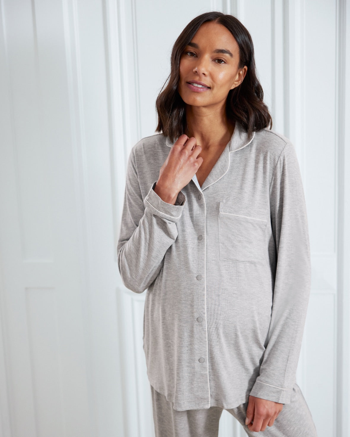 Maternity TENCEL™ Modal Long Button Up Pyjama Set - Grey Marl