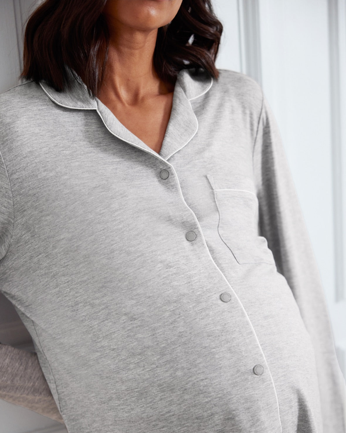 Maternity TENCEL™ Modal Long Button Up Pyjama Set - Grey Marl