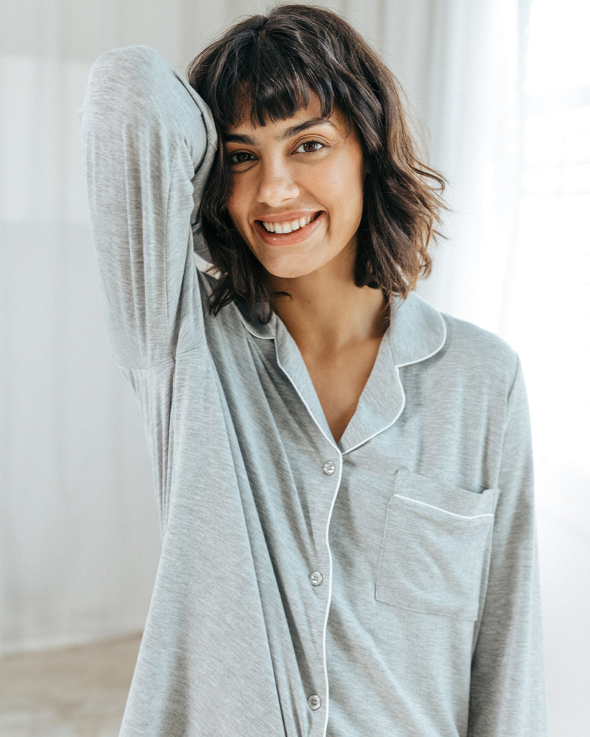 TENCEL Modal Long Button Up Pyjama Set Grey Chelsea Peers