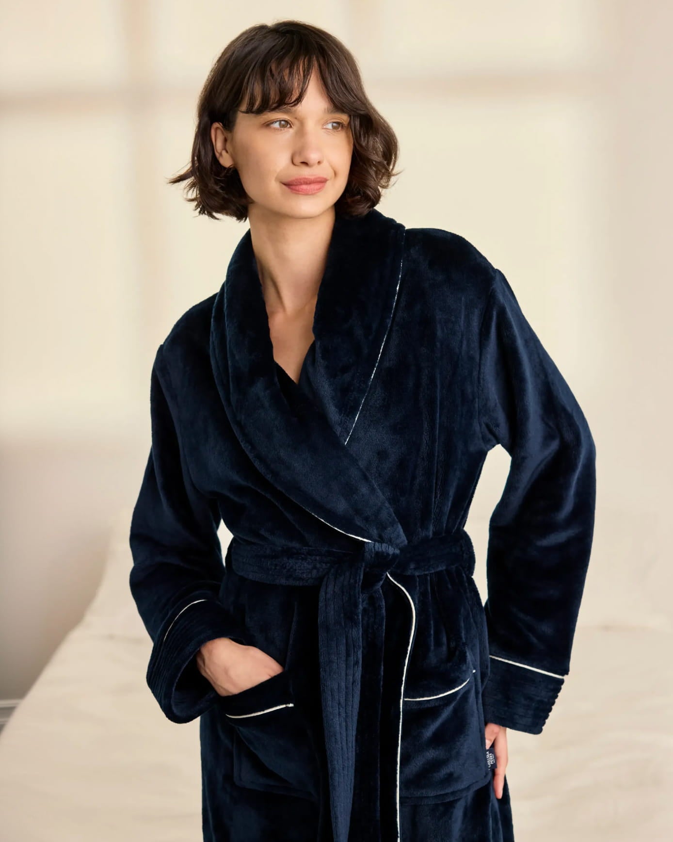 Fleece Dressing Gown - Navy & White