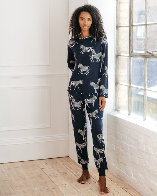 Zebra Print Long Pyjama Set - Navy