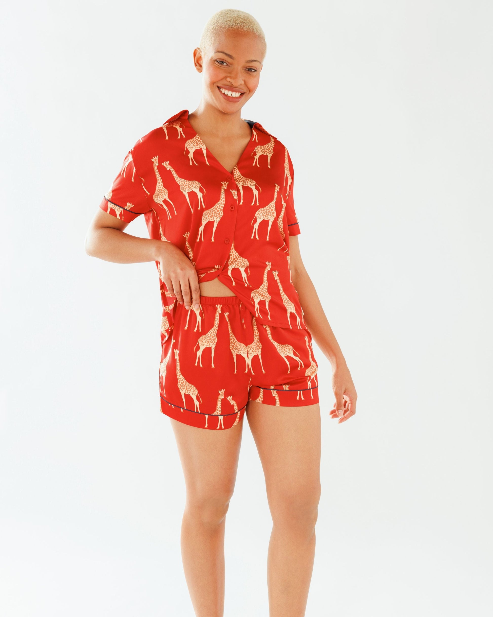 Satin Red Giraffe Short Pyjama Set