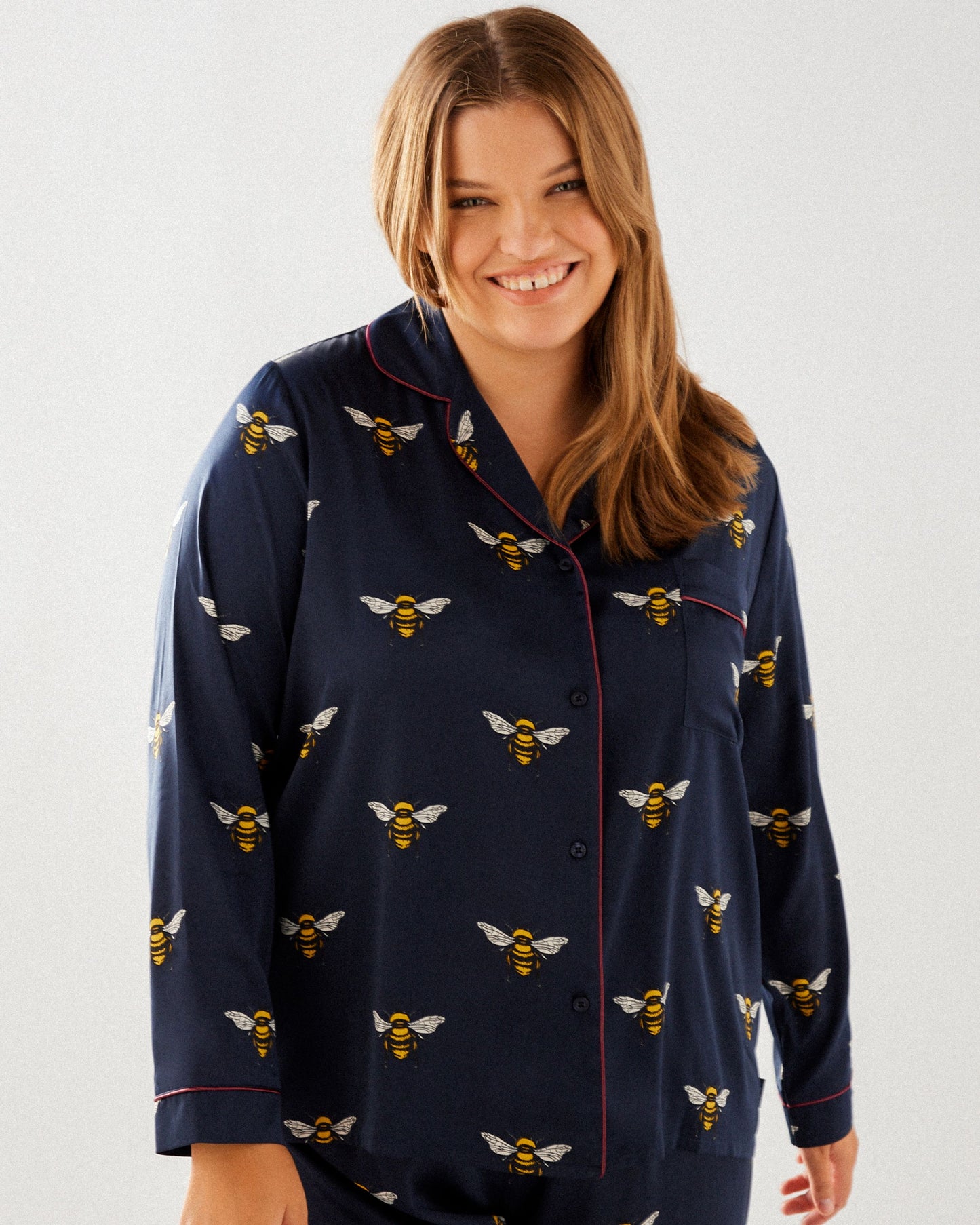 Satin Navy Bee Print Long Pyjama Set