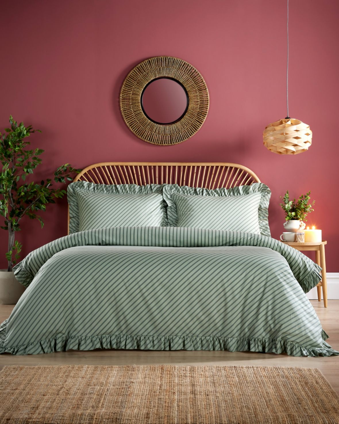 Cotton Stripe Print Frill Bedding Set - Sage