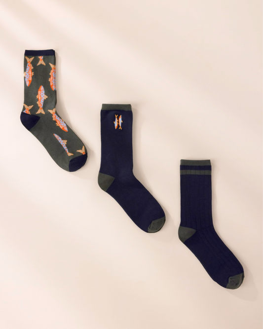 Mens Organic Cotton Embroidered Fish Socks 3 Pack