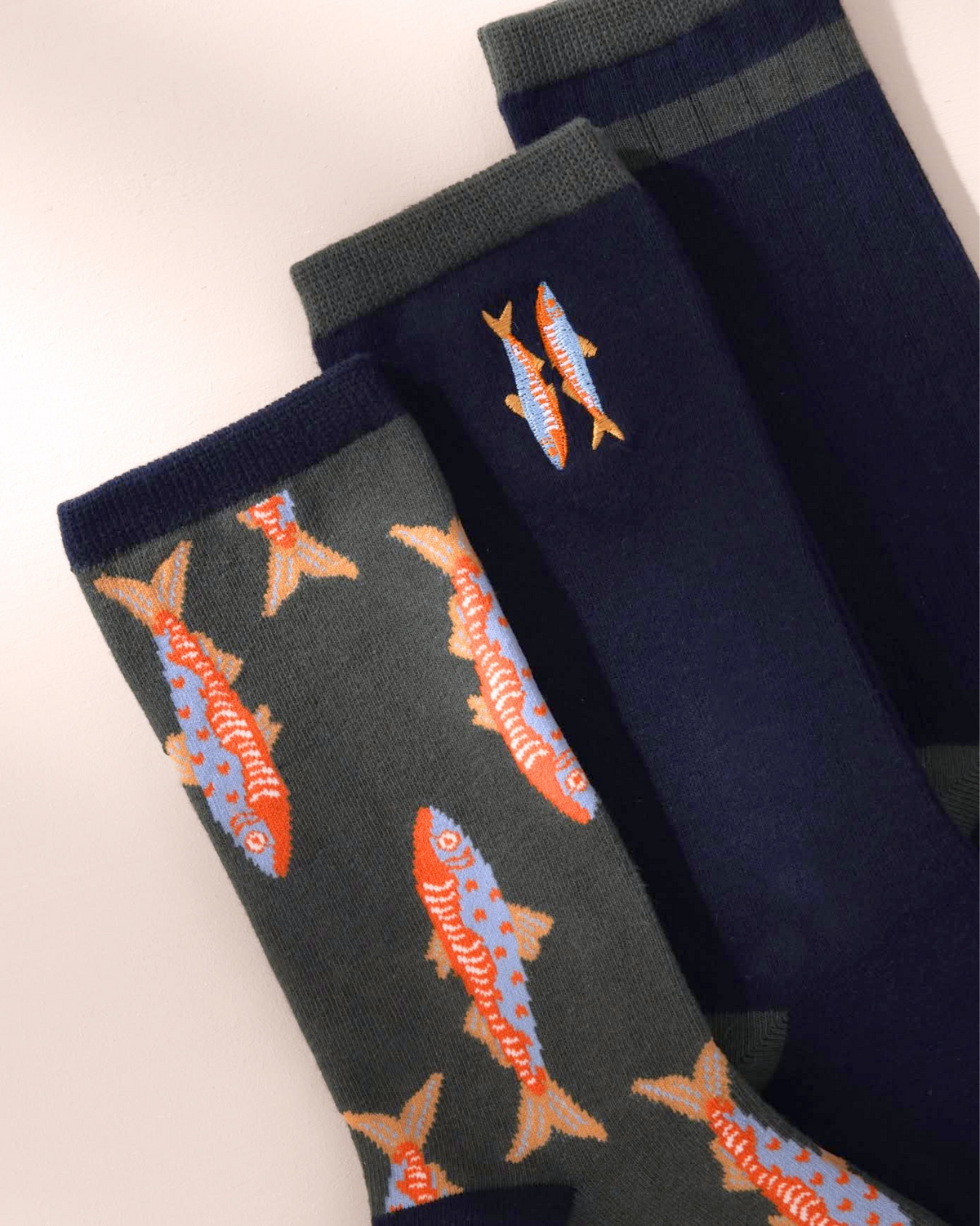 Mens Organic Cotton Embroidered Fish Socks 3 Pack