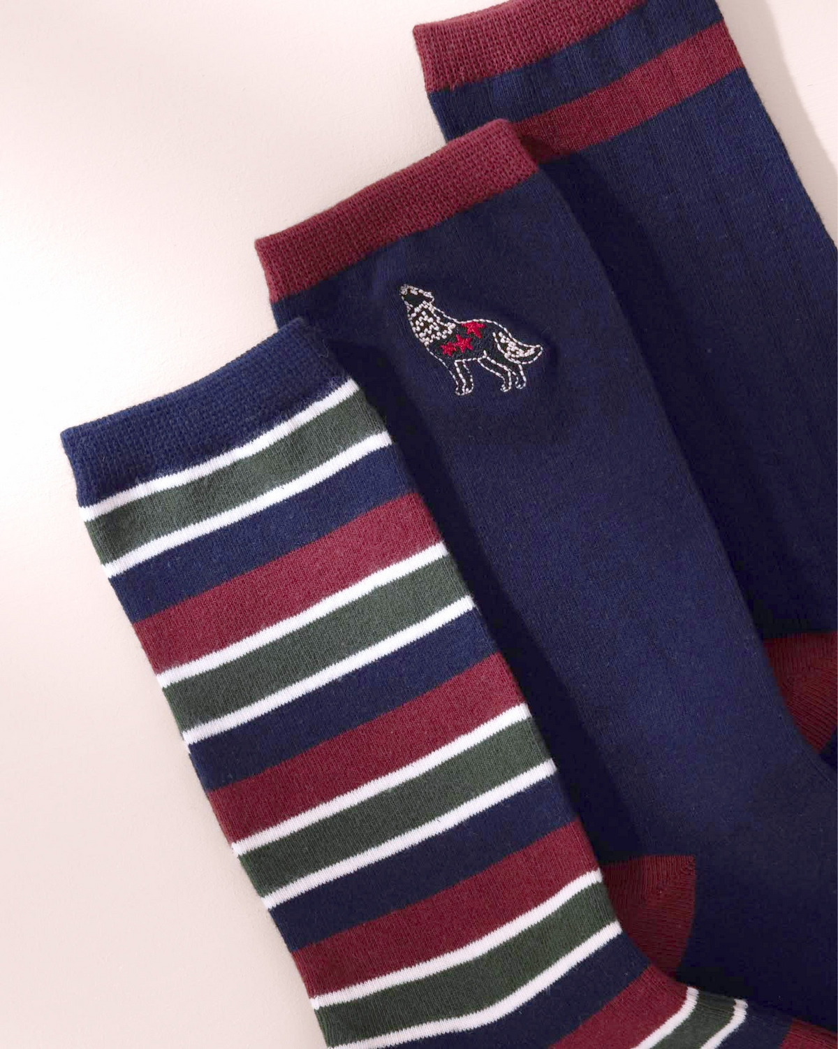 Mens Organic Cotton Embroidered Wolf Stripe Socks 3 Pack