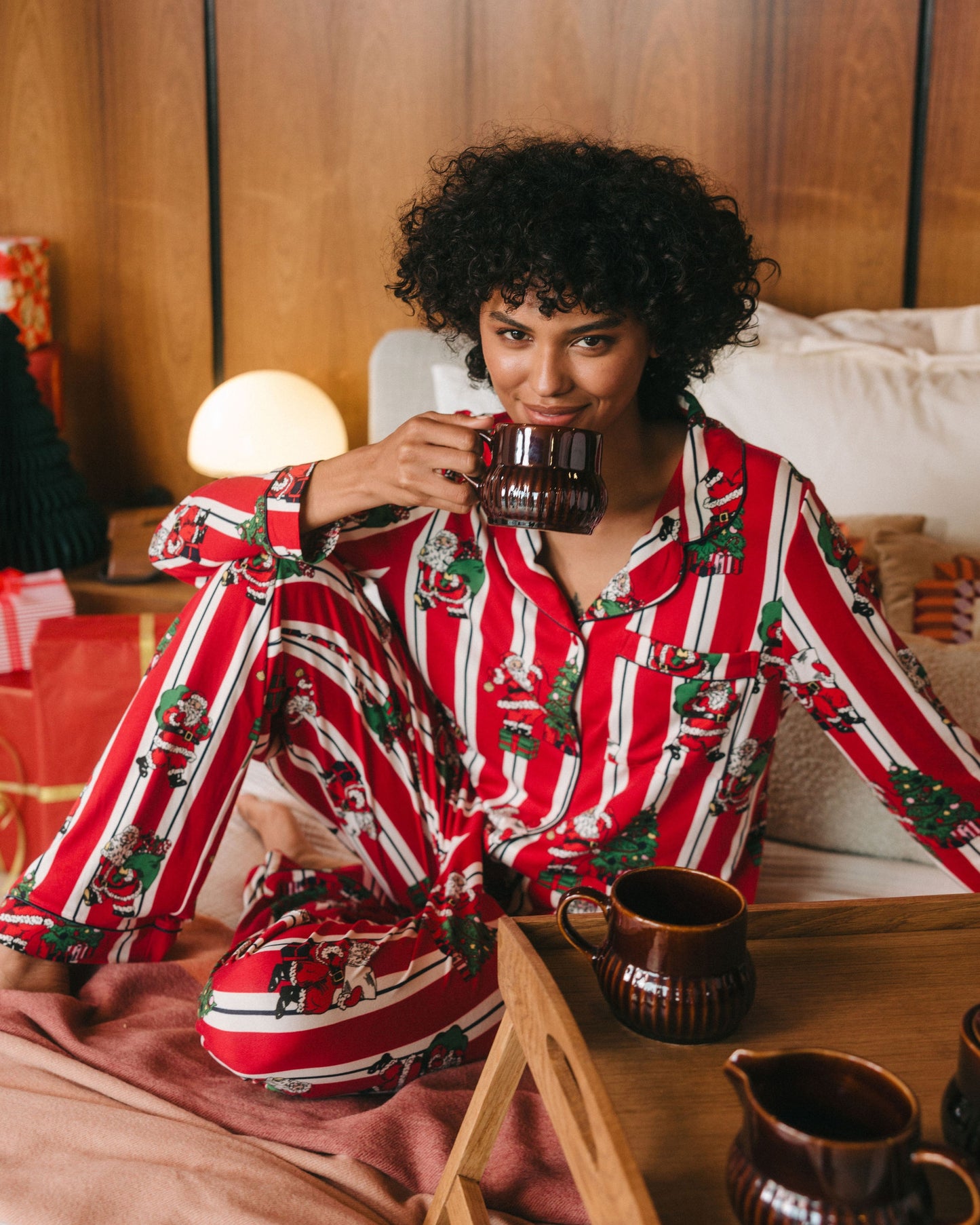 Christmas Santa Stripe Print Long Pyjama Set