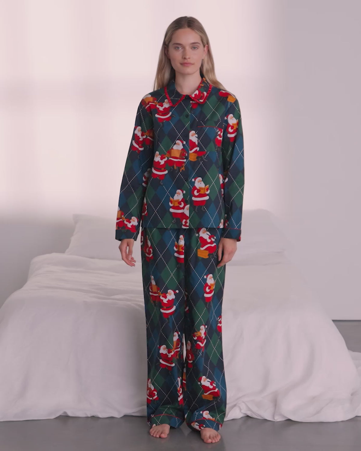 Organic Cotton Argyle Musical Santa Print Long Pyjama Set
