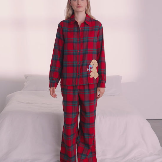 Organic Cotton Embroidered Chip The Cockapoo Tartan Long Pyjama Set
