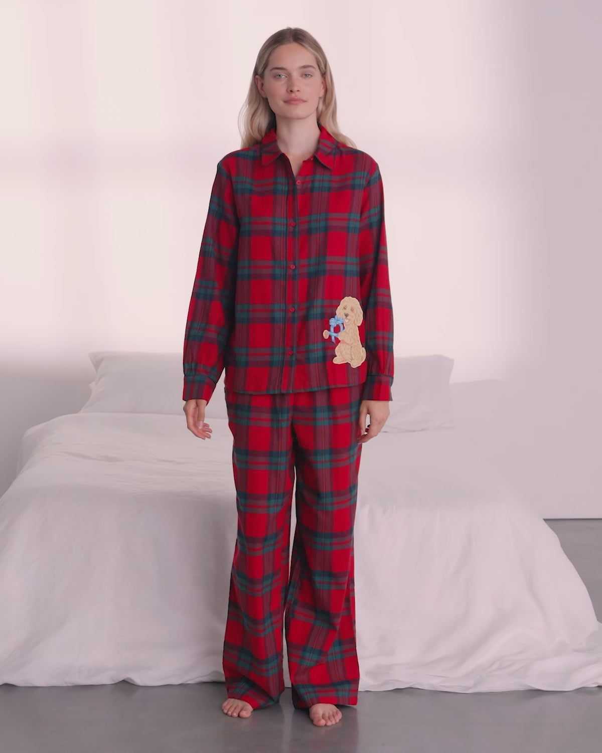 Organic Cotton Embroidered Chip The Cockapoo Tartan Long Pyjama Set