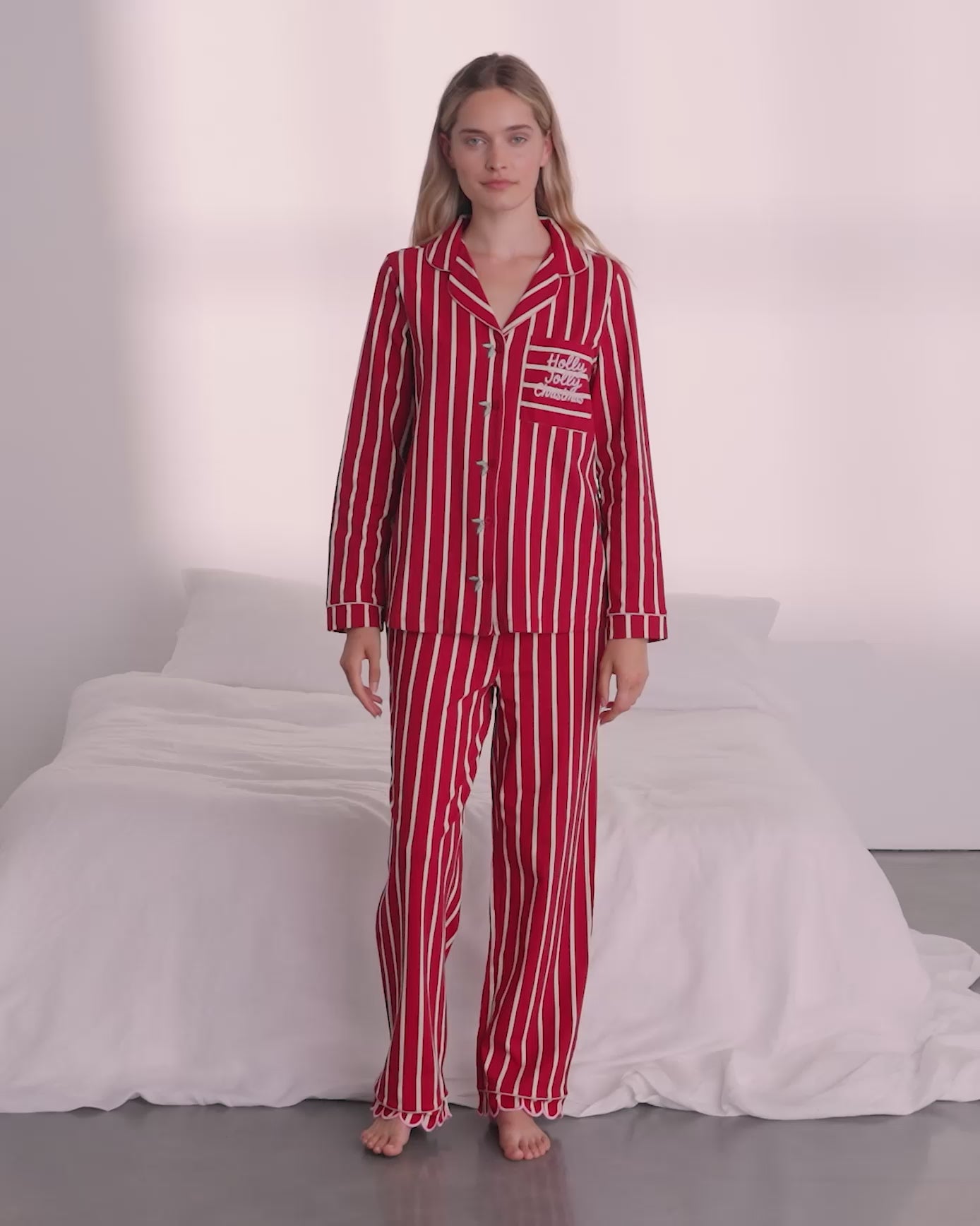 Organic Cotton Embroidered Holly Jolly Christmas Long Pyjama Set