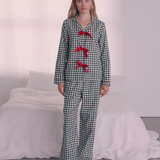 Organic Cotton Gingham Tie Front Long Pyjama Set