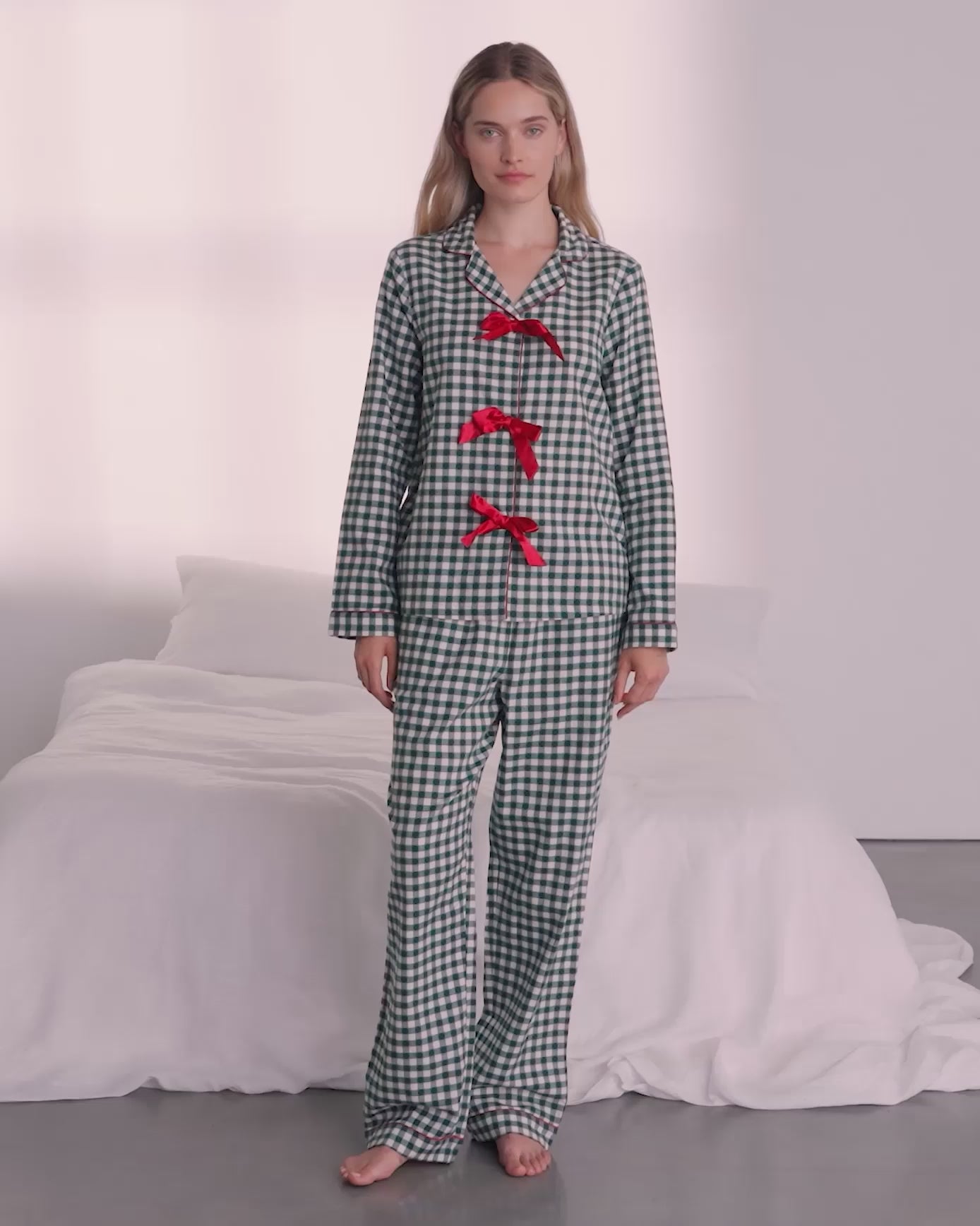 Organic Cotton Gingham Tie Front Long Pyjama Set