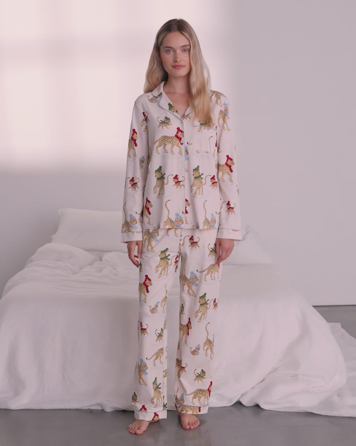Organic Cotton Ice Skating Leopards Print Long Pyjama Set