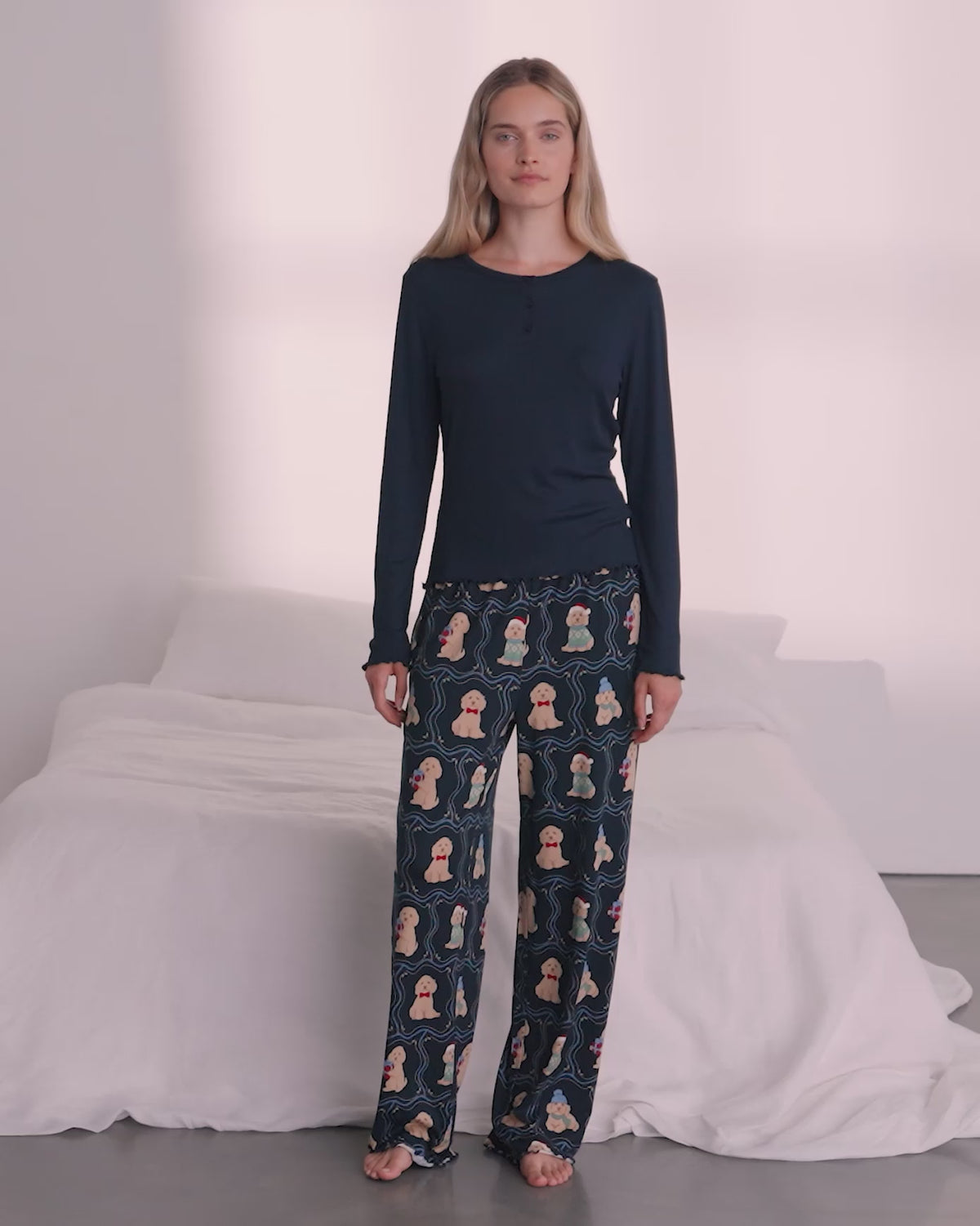 Christmas Chip the Cockapoo Portraits Print Henley Long Pyjama Set