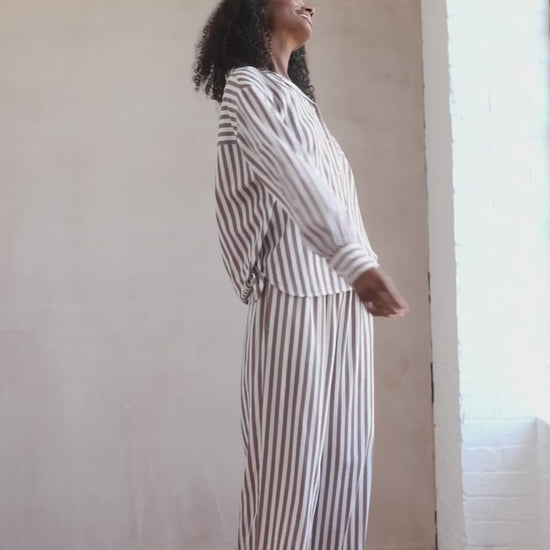 Organic Cotton Sateen Stripe Long Pyjama Set - Brown