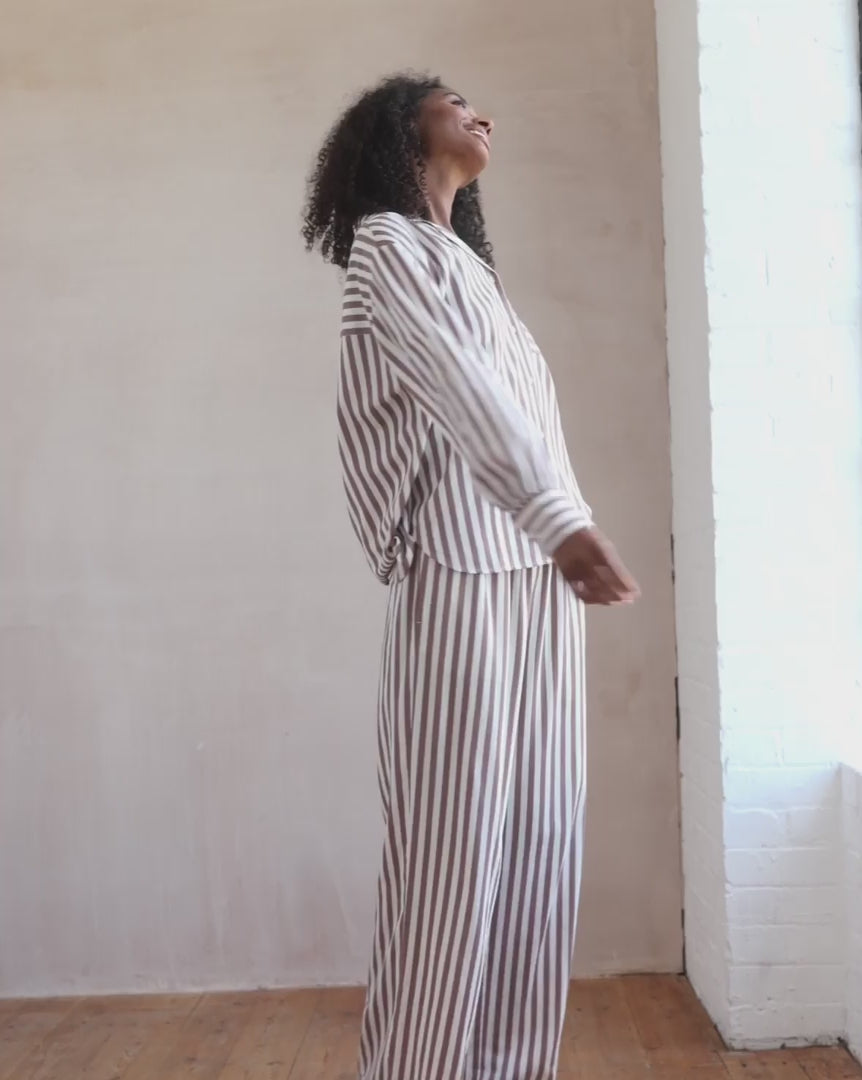 Organic Cotton Sateen Stripe Long Pyjama Set - Brown