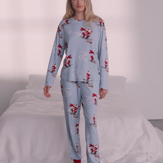 Skiing Santa Print Long Pyjama Set