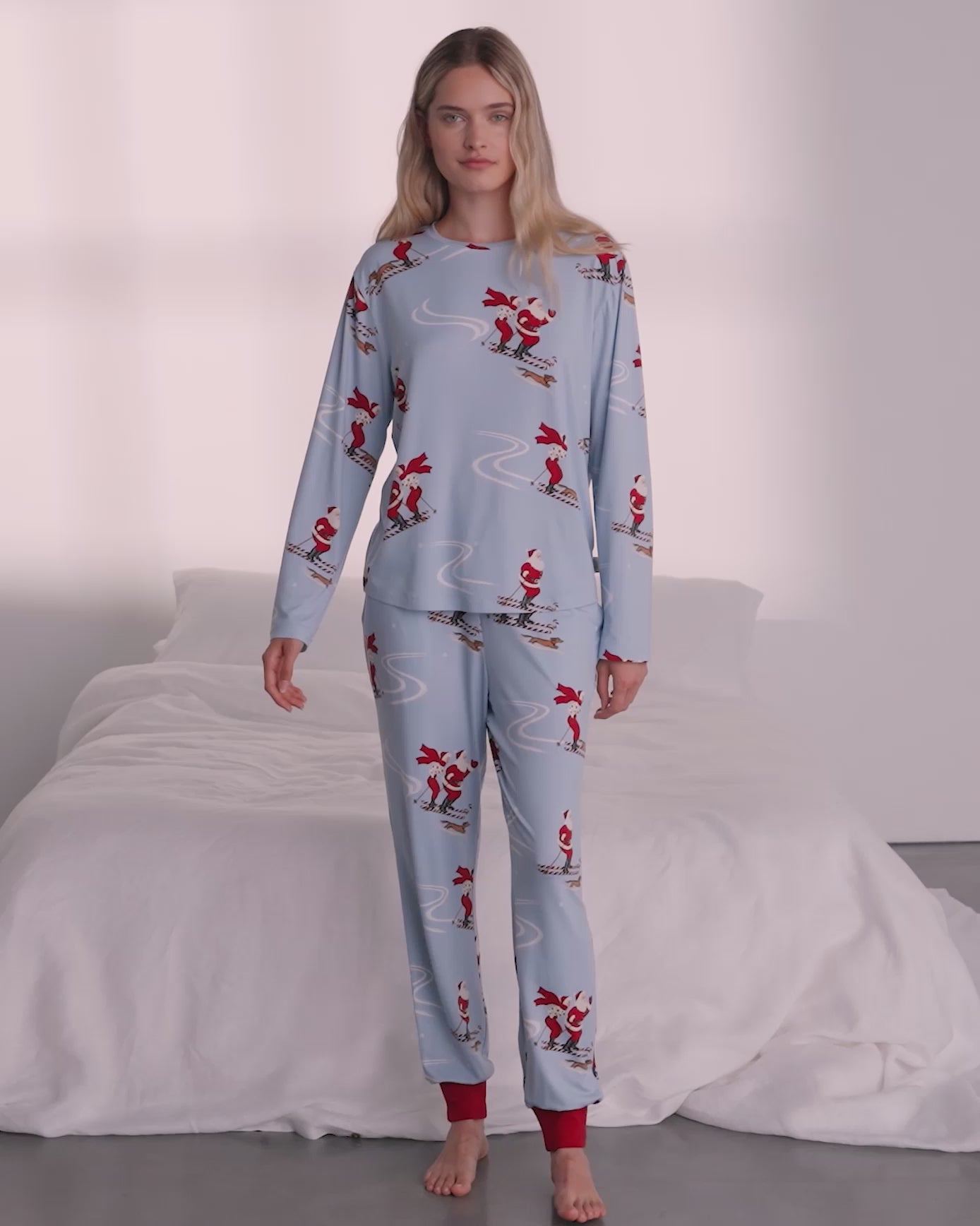 Skiing Santa Print Long Pyjama Set