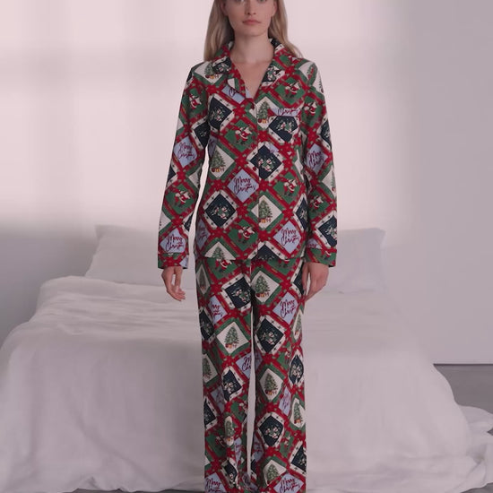 Organic Cotton Christmas Patchwork Print Button Up Long Pyjama Set